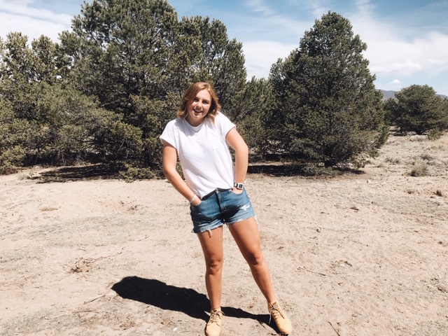 White shirt, jean shorts, and bang shoes