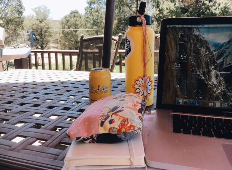 water bottle, books, bubly, and computer. 