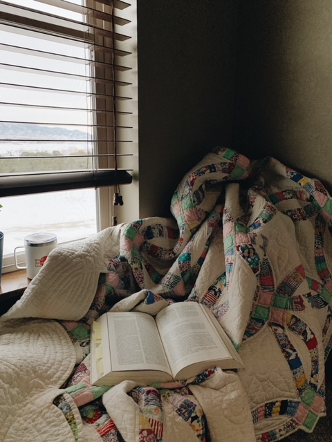 blanket, book, coffee